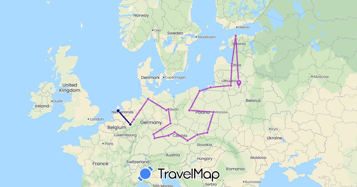 TravelMap itinerary: driving, train in Czech Republic, Germany, Estonia, Lithuania, Latvia, Netherlands, Poland, Russia (Europe)
